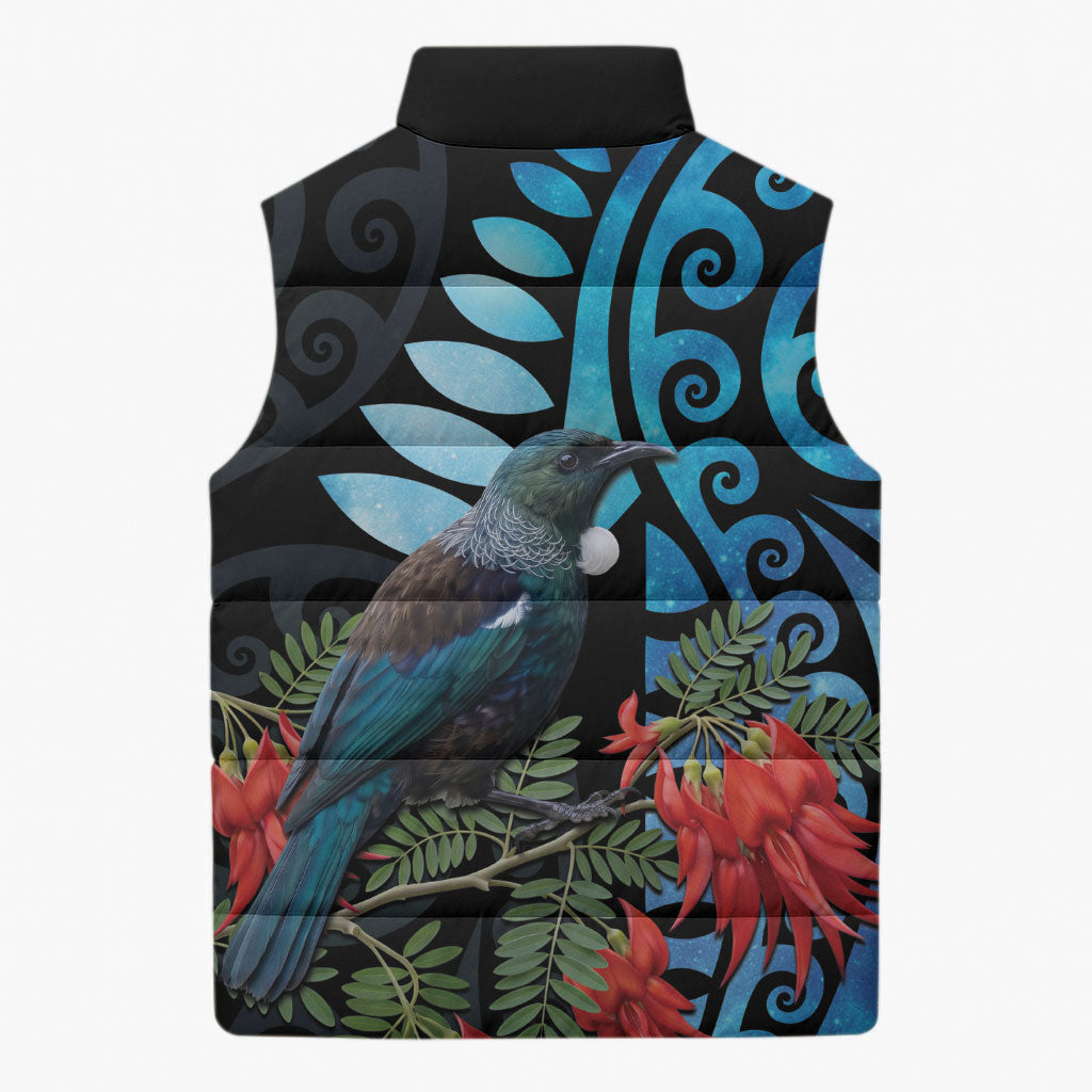 Tui Bird Kakabeak New Zealand Sleeveless Puffer Jacket Clianthus Galaxy Maori Koru Pattern