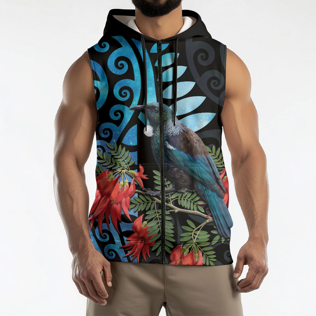 Tui Bird Kakabeak New Zealand Sleeveless Zip Hoodie Clianthus Galaxy Maori Koru Pattern LT22 - Polynesian Pride