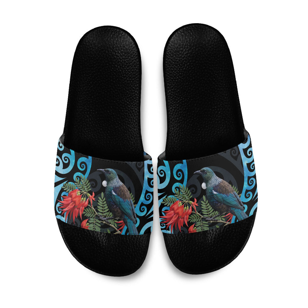 Tui Bird Kakabeak New Zealand Slide Sandals Clianthus Galaxy Maori Koru Pattern