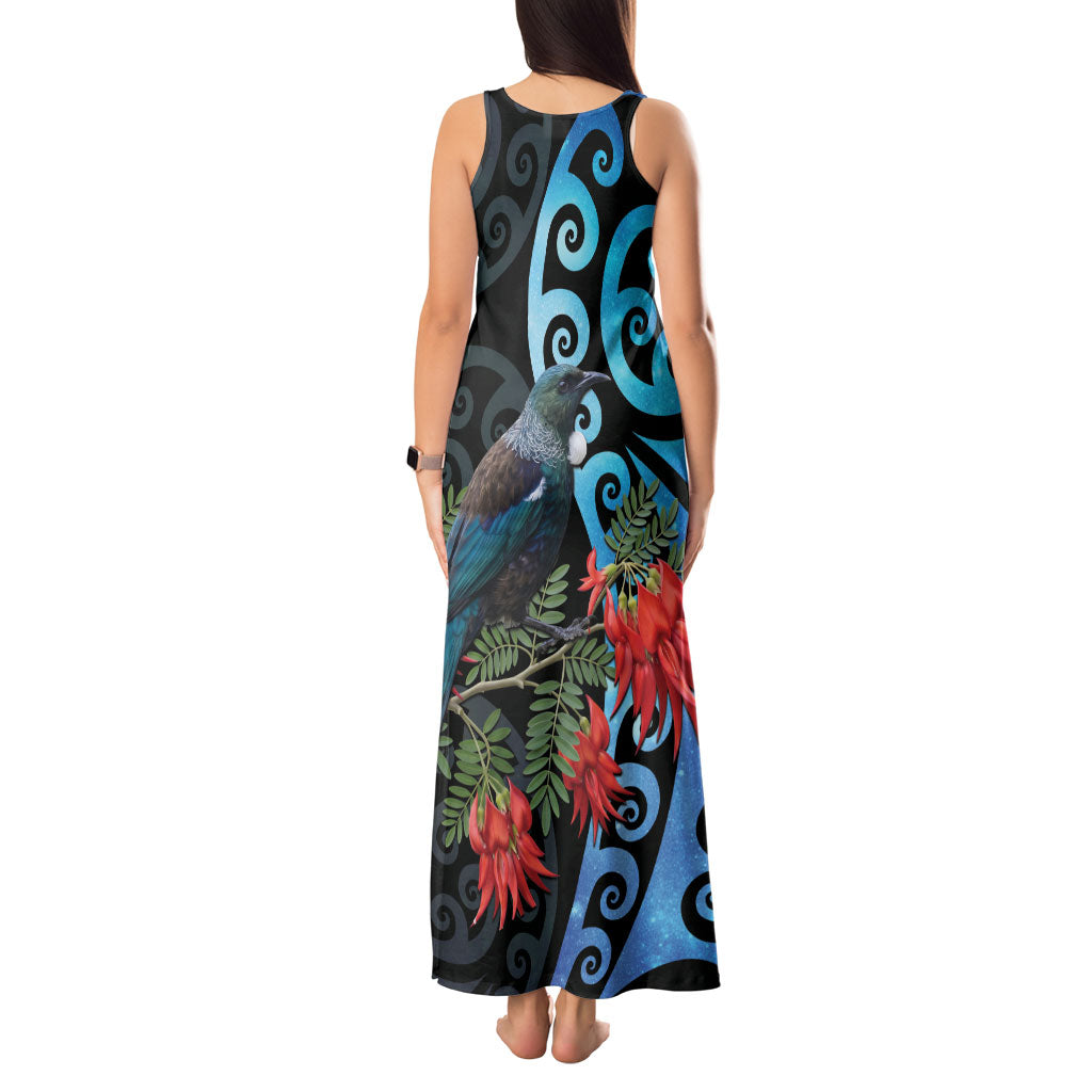 Tui Bird Kakabeak New Zealand Tank Maxi Dress Clianthus Galaxy Maori Koru Pattern LT22 - Polynesian Pride