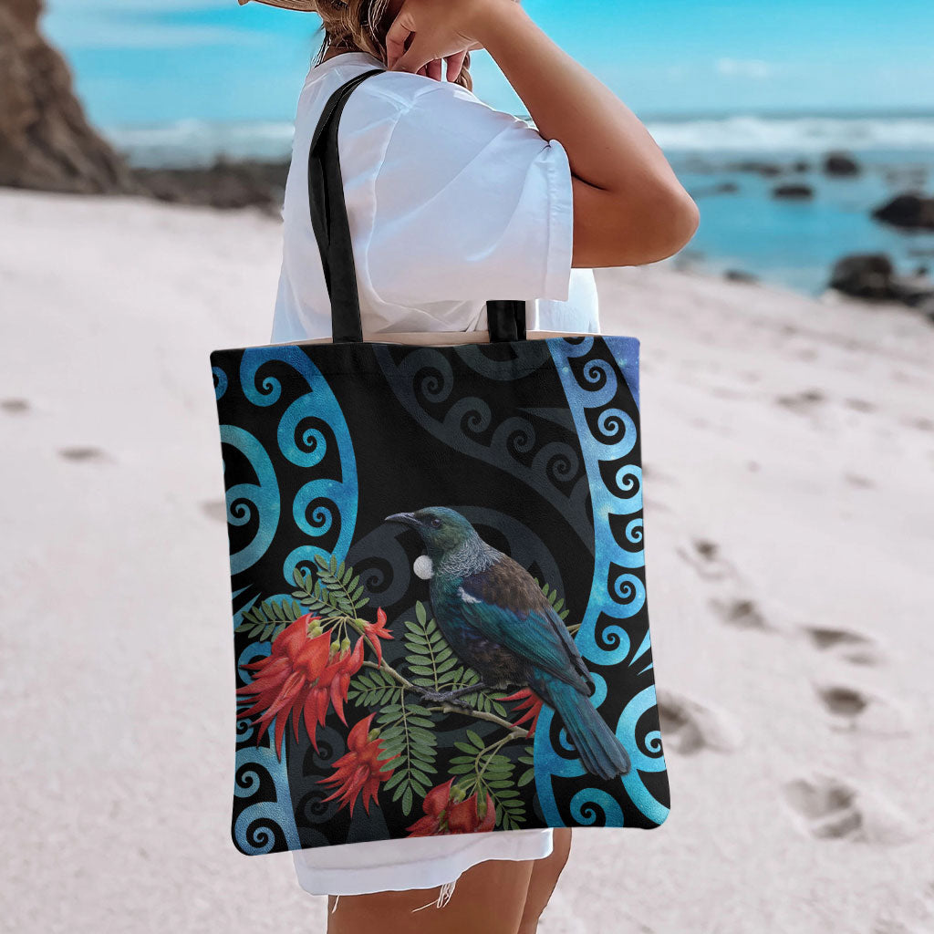 Tui Bird Kakabeak New Zealand Tote Bag Clianthus Galaxy Maori Koru Pattern