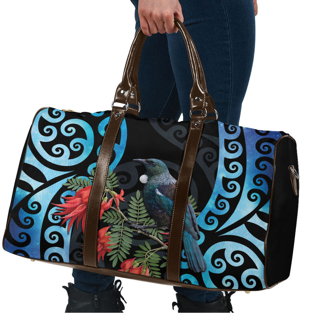 Tui Bird Kakabeak New Zealand Travel Bag Clianthus Galaxy Maori Koru Pattern