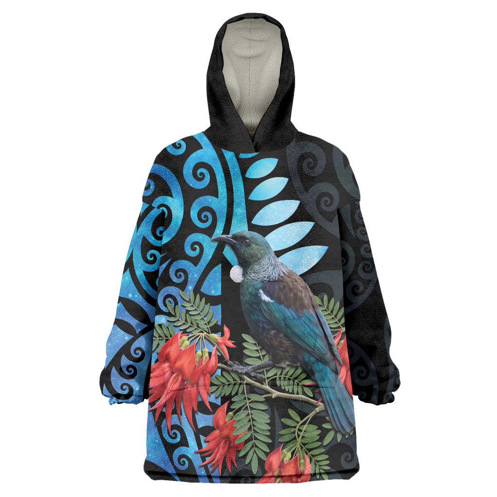 Tui Bird Kakabeak New Zealand Wearable Blanket Hoodie Clianthus Galaxy Maori Koru Pattern LT22 One Size Blue - Polynesian Pride