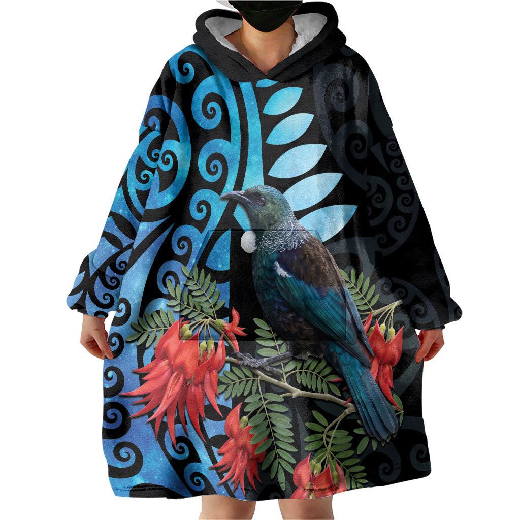 Tui Bird Kakabeak New Zealand Wearable Blanket Hoodie Clianthus Galaxy Maori Koru Pattern LT22 - Polynesian Pride