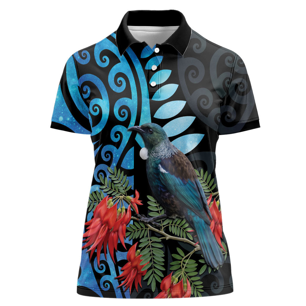 Tui Bird Kakabeak New Zealand Women Polo Shirt Clianthus Galaxy Maori Koru Pattern