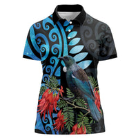 Tui Bird Kakabeak New Zealand Women Polo Shirt Clianthus Galaxy Maori Koru Pattern LT22 Female Blue - Polynesian Pride