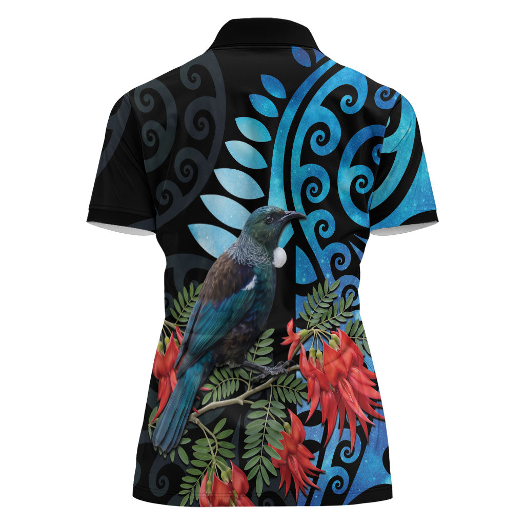 Tui Bird Kakabeak New Zealand Women Polo Shirt Clianthus Galaxy Maori Koru Pattern LT22 - Polynesian Pride