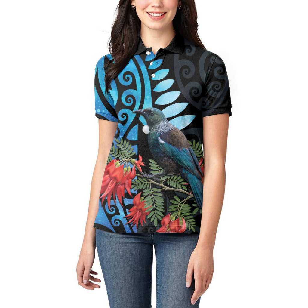 Tui Bird Kakabeak New Zealand Women Polo Shirt Clianthus Galaxy Maori Koru Pattern LT22 - Polynesian Pride