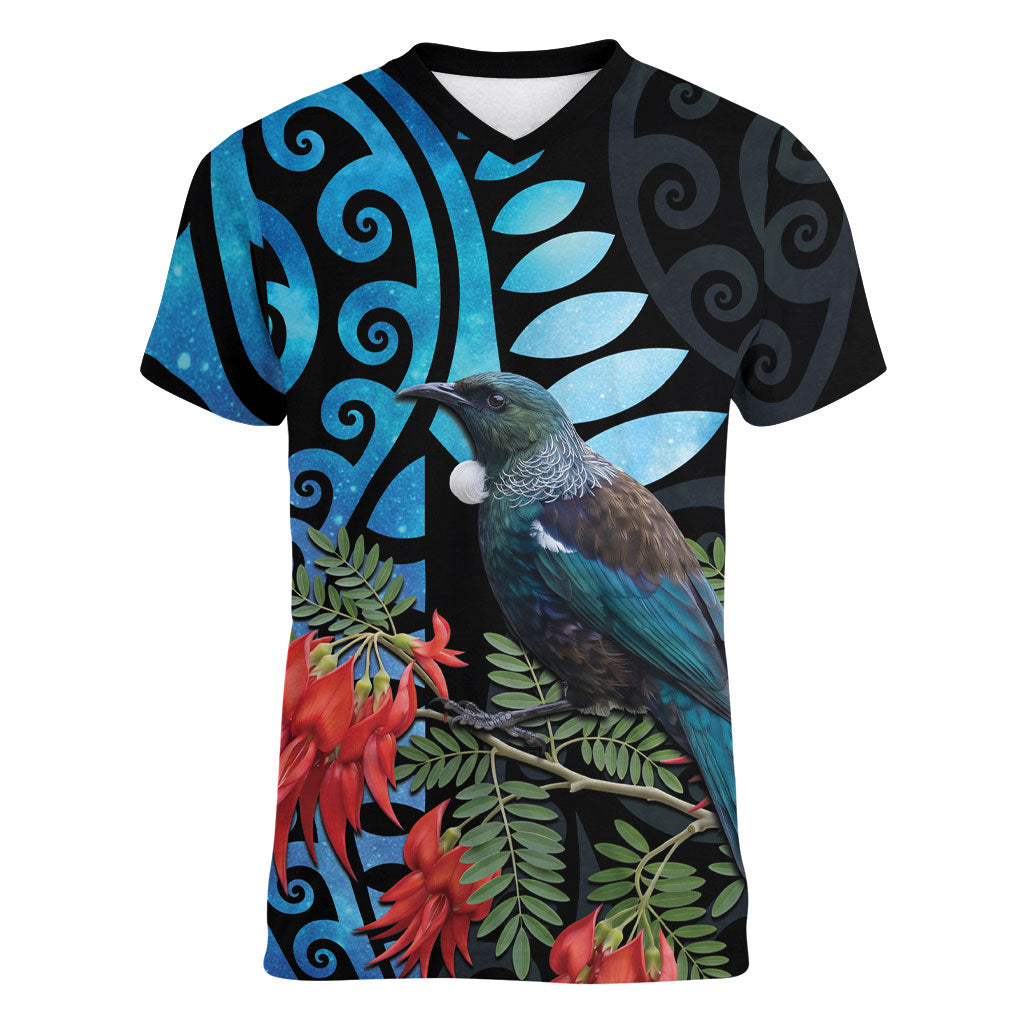 Tui Bird Kakabeak New Zealand Women V-Neck T-Shirt Clianthus Galaxy Maori Koru Pattern LT22 Female Blue - Polynesian Pride