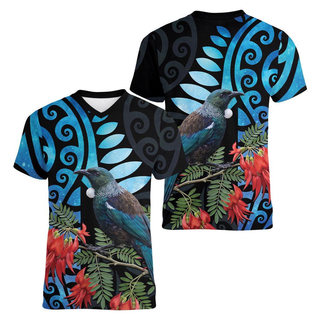Tui Bird Kakabeak New Zealand Women V-Neck T-Shirt Clianthus Galaxy Maori Koru Pattern LT22 - Polynesian Pride
