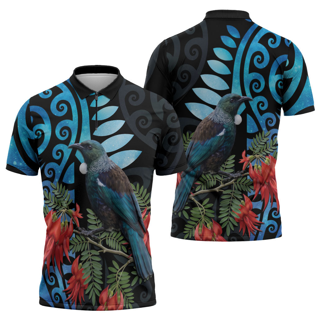 Tui Bird Kakabeak New Zealand Zipper Polo Shirt Clianthus Galaxy Maori Koru Pattern LT22 - Polynesian Pride