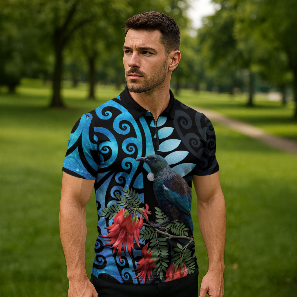 Tui Bird Kakabeak New Zealand Zipper Polo Shirt Clianthus Galaxy Maori Koru Pattern LT22 - Polynesian Pride