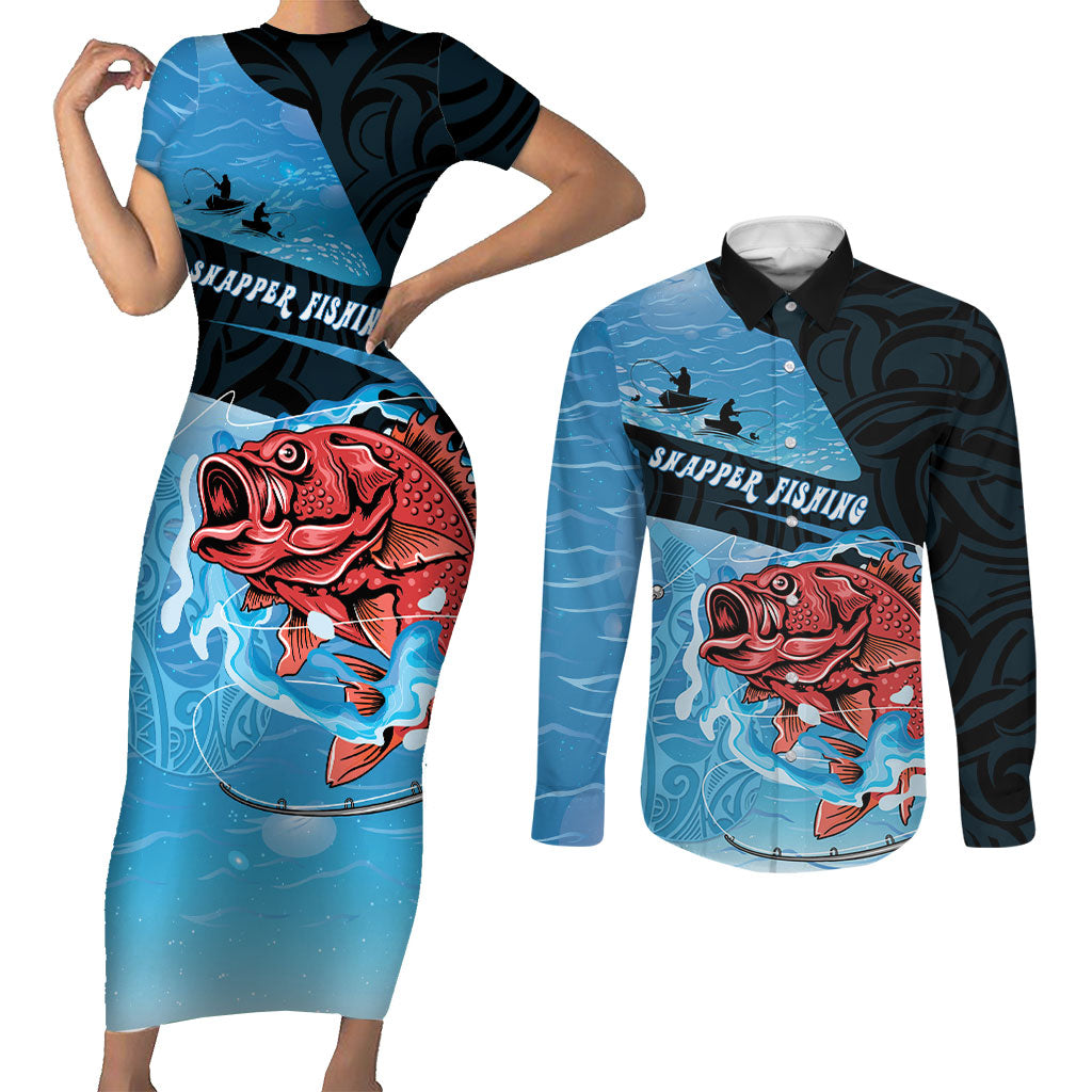 Personalised Snapper Fishing New Zealand Couples Matching Short Sleeve Bodycon Dress and Long Sleeve Button Shirt Tamure Fish Hook Maori Pattern LT22 Blue - Polynesian Pride