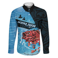 Personalised Snapper Fishing New Zealand Family Matching Mermaid Dress and Hawaiian Shirt Tamure Fish Hook Maori Pattern LT22 Dad's Shirt - Long Sleeve Blue - Polynesian Pride