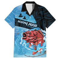 Personalised Snapper Fishing New Zealand Family Matching Off The Shoulder Long Sleeve Dress and Hawaiian Shirt Tamure Fish Hook Maori Pattern LT22 Dad's Shirt - Short Sleeve Blue - Polynesian Pride