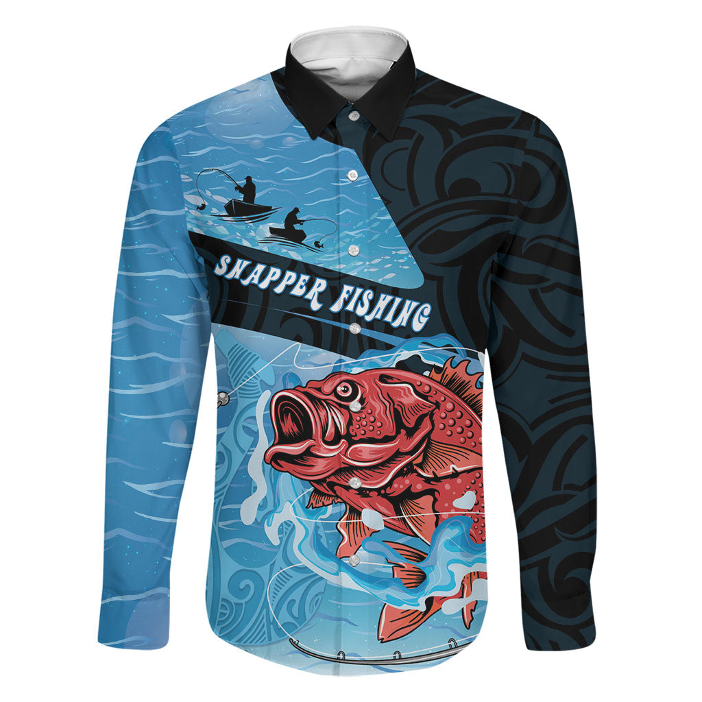 Personalised Snapper Fishing New Zealand Family Matching Off Shoulder Short Dress and Hawaiian Shirt Tamure Fish Hook Maori Pattern LT22 Dad's Shirt - Long Sleeve Blue - Polynesian Pride