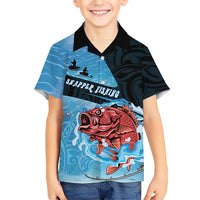 Personalised Snapper Fishing New Zealand Family Matching Off Shoulder Short Dress and Hawaiian Shirt Tamure Fish Hook Maori Pattern LT22 Son's Shirt Blue - Polynesian Pride