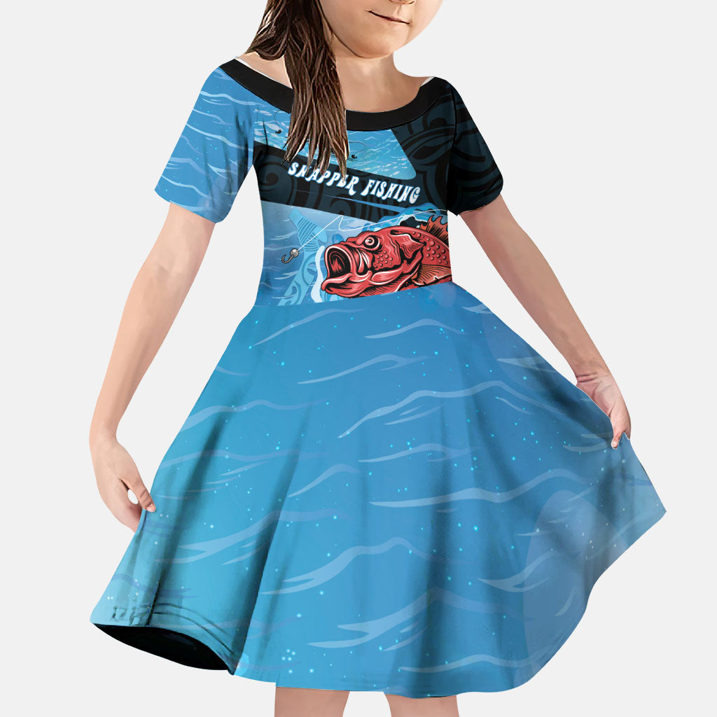 Personalised Snapper Fishing New Zealand Family Matching Summer Maxi Dress and Hawaiian Shirt Tamure Fish Hook Maori Pattern LT22 Daughter's Dress Blue - Polynesian Pride