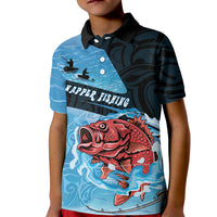 Personalised Snapper Fishing New Zealand Kid Polo Shirt Tamure Fish Hook Maori Pattern LT22 Kid Blue - Polynesian Pride