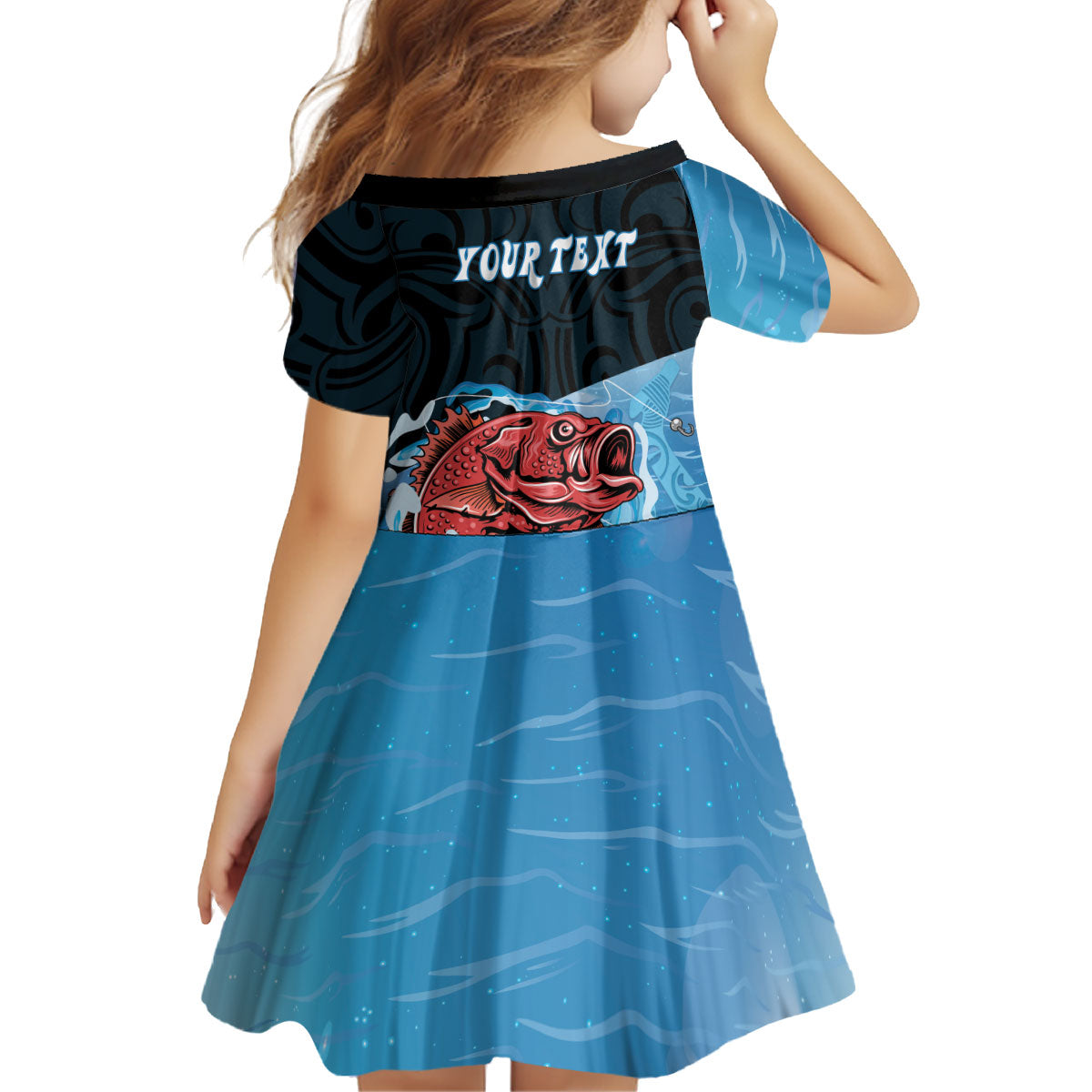 Personalised Snapper Fishing New Zealand Kid Short Sleeve Dress Tamure Fish Hook Maori Pattern LT22 - Polynesian Pride