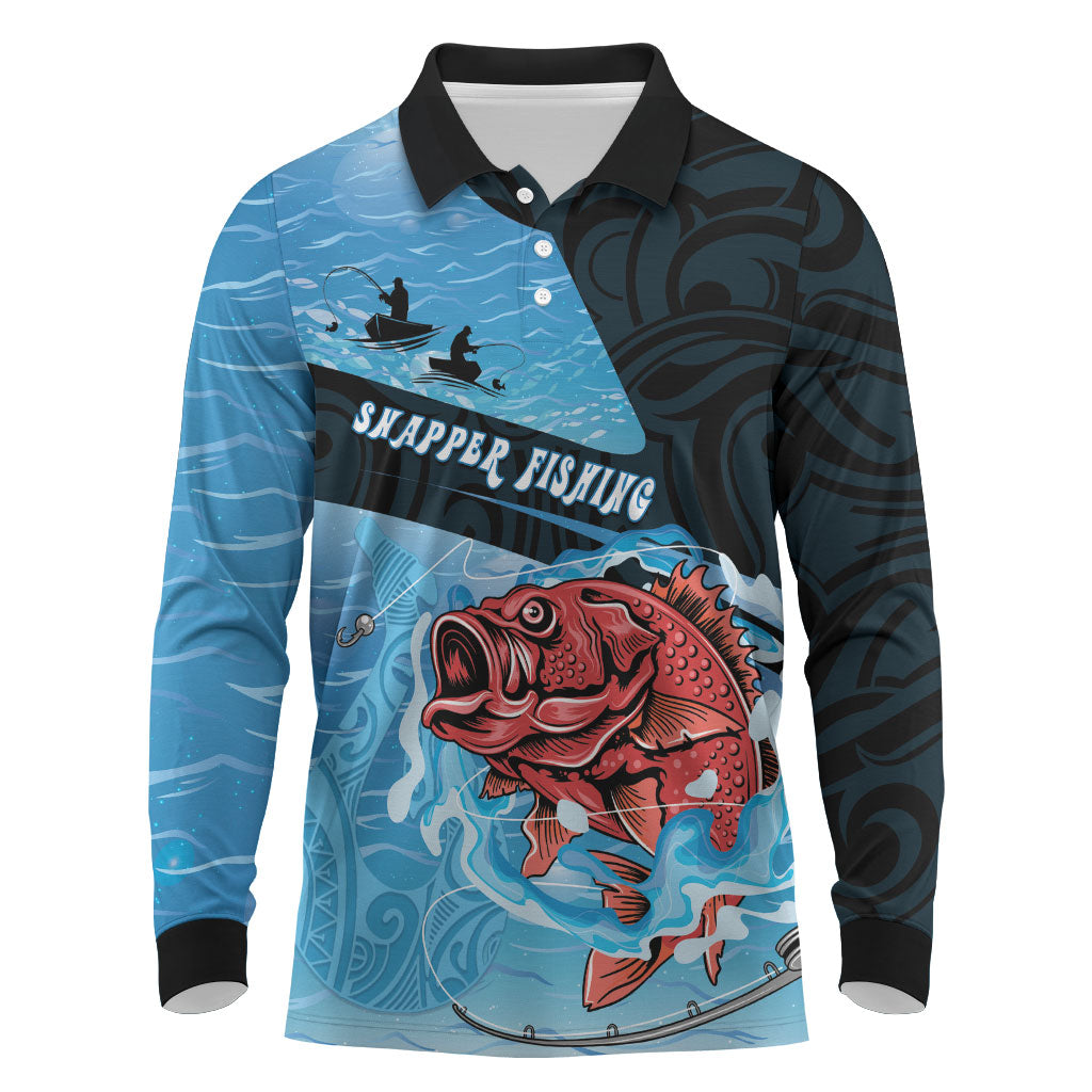 Personalised Snapper Fishing New Zealand Long Sleeve Polo Shirt Tamure Fish Hook Maori Pattern LT22 Blue - Polynesian Pride
