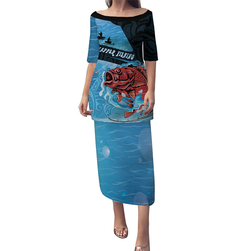Personalised Snapper Fishing New Zealand Puletasi Tamure Fish Hook Maori Pattern LT22 Long Dress Blue - Polynesian Pride