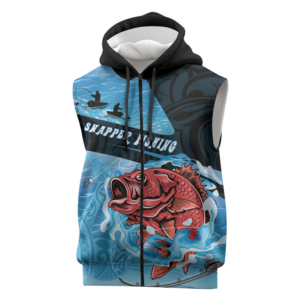 Personalised Snapper Fishing New Zealand Sleeveless Zip Hoodie Tamure Fish Hook Maori Pattern LT22 Blue - Polynesian Pride