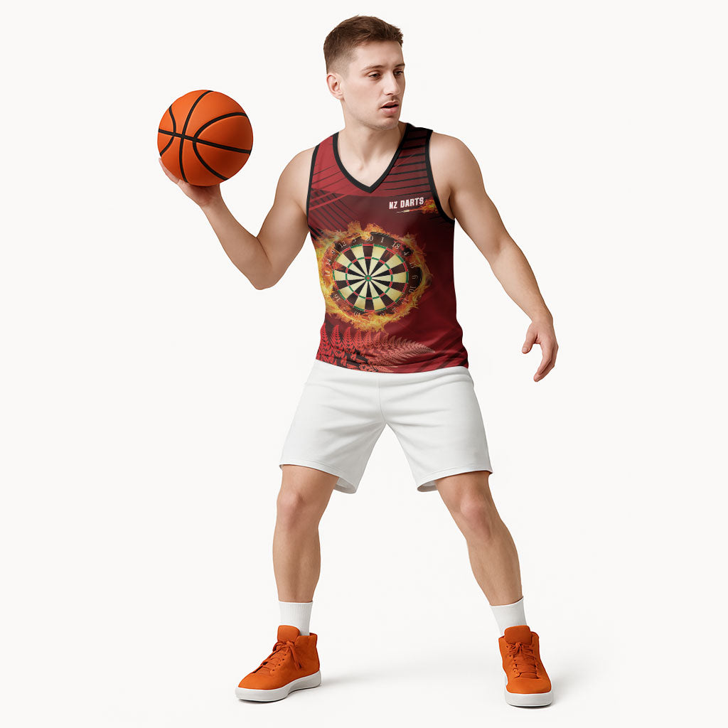 Personalised Darts New Zealand Basketball Jersey Silver Fern Red Color LT22 - Polynesian Pride