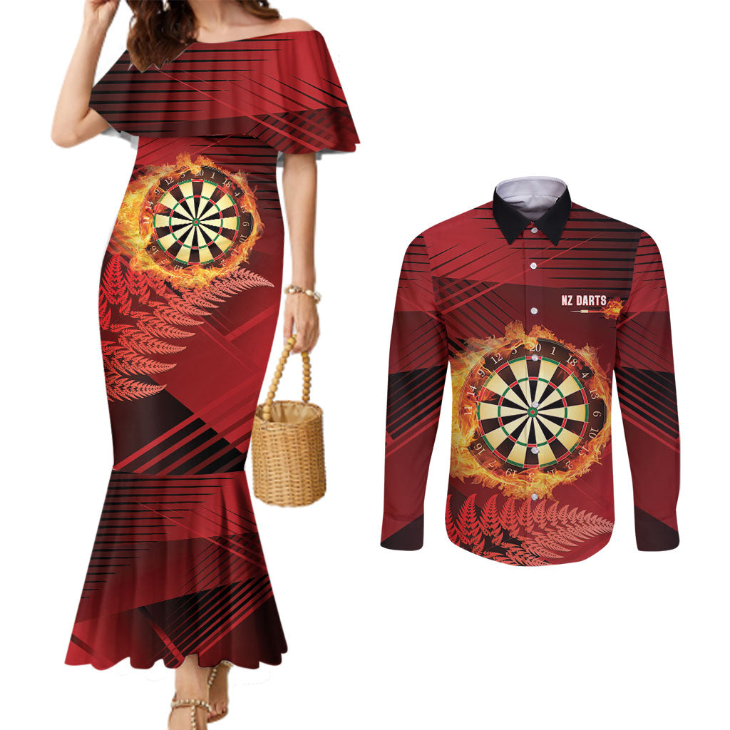 Personalised Darts New Zealand Couples Matching Mermaid Dress and Long Sleeve Button Shirt Silver Fern Red Color