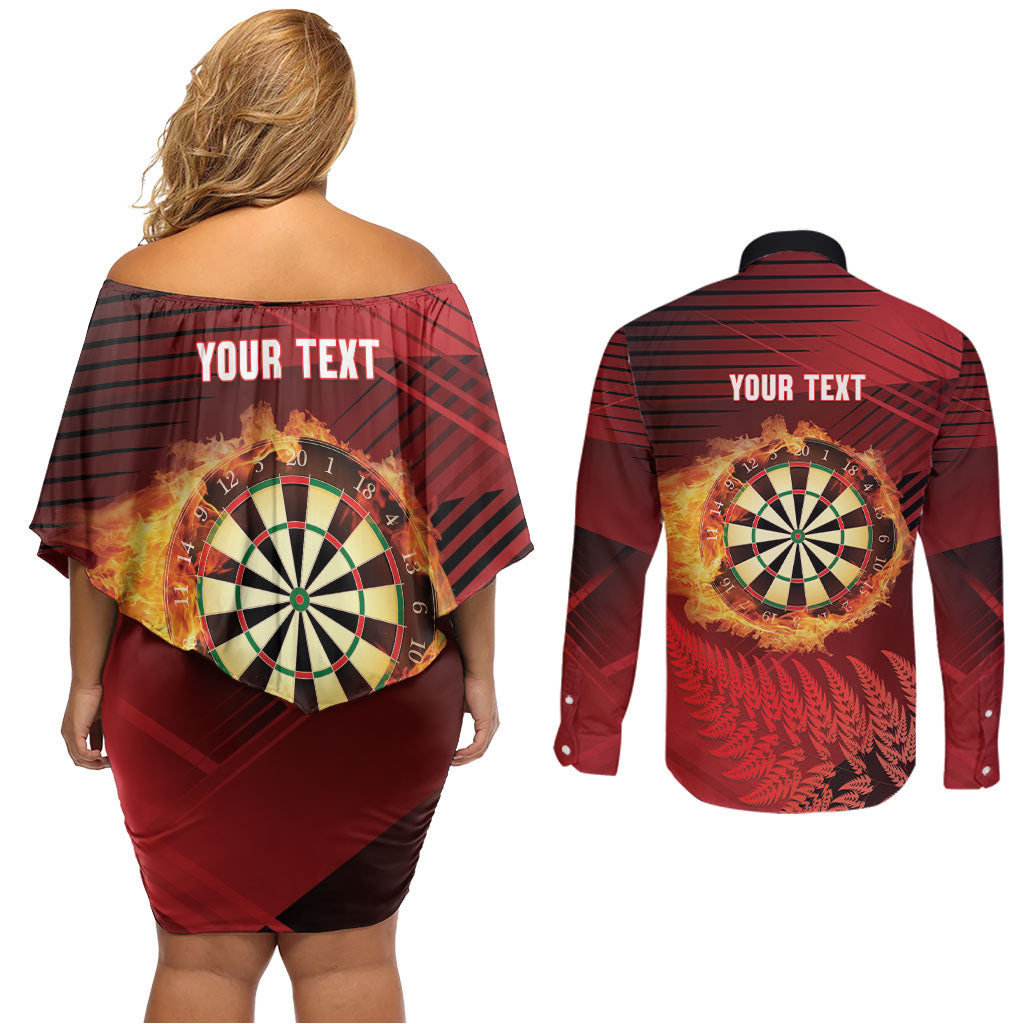 Personalised Darts New Zealand Couples Matching Off Shoulder Short Dress and Long Sleeve Button Shirt Silver Fern Red Color LT22 - Polynesian Pride