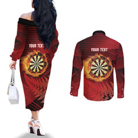 Personalised Darts New Zealand Couples Matching Off The Shoulder Long Sleeve Dress and Long Sleeve Button Shirt Silver Fern Red Color