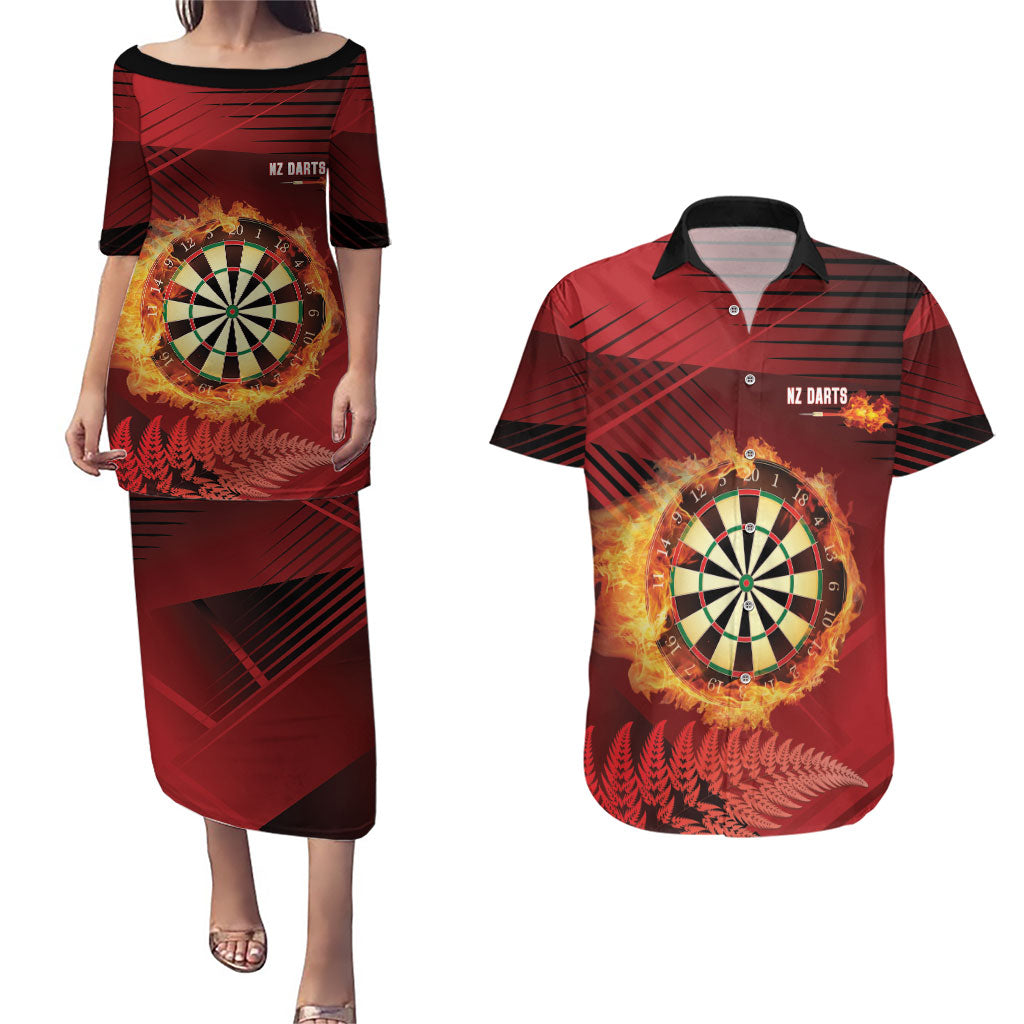 Personalised Darts New Zealand Couples Matching Puletasi and Hawaiian Shirt Silver Fern Red Color