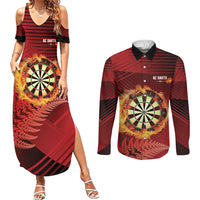Personalised Darts New Zealand Couples Matching Summer Maxi Dress and Long Sleeve Button Shirt Silver Fern Red Color LT22 Red - Polynesian Pride