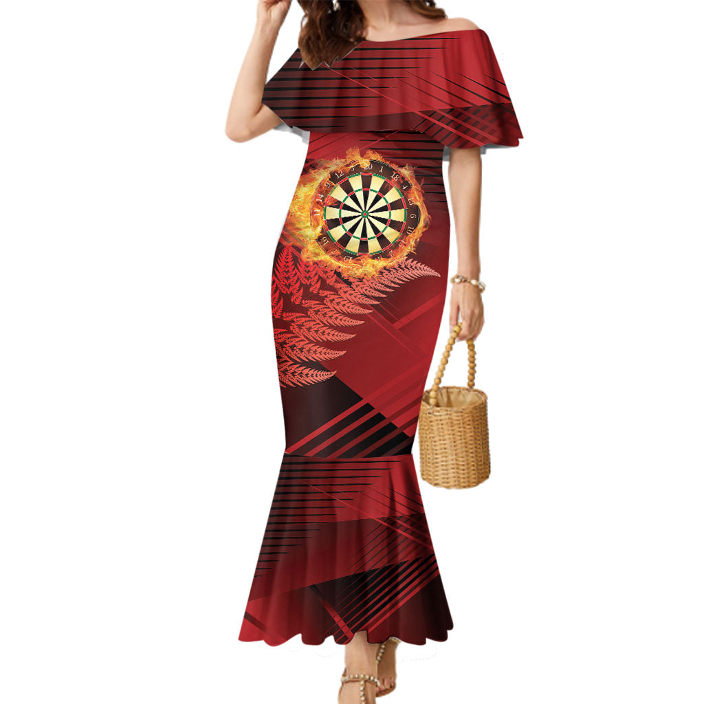 Personalised Darts New Zealand Family Matching Mermaid Dress and Hawaiian Shirt Silver Fern Red Color LT22 Mom's Dress Red - Polynesian Pride
