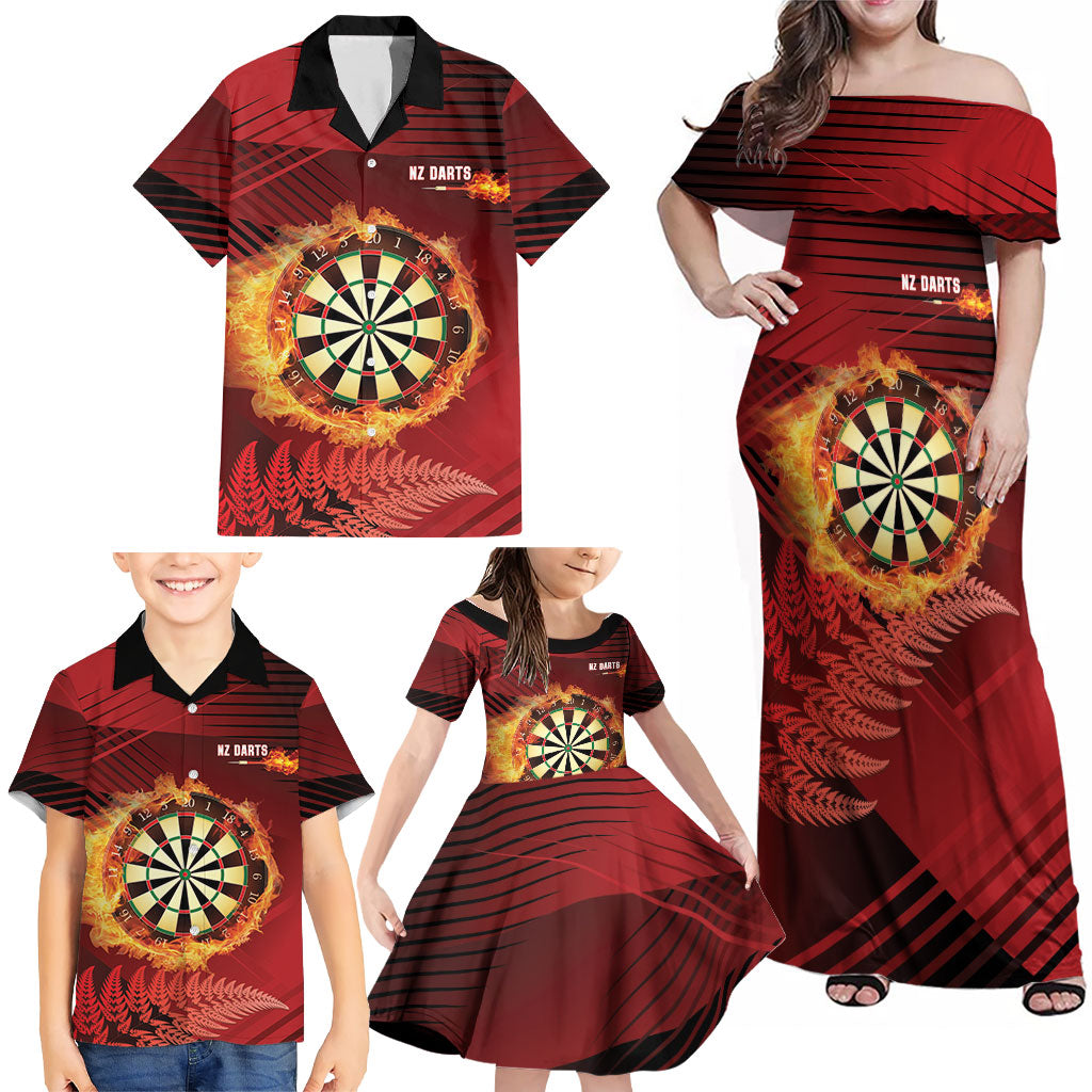 Personalised Darts New Zealand Family Matching Off Shoulder Maxi Dress and Hawaiian Shirt Silver Fern Red Color LT22 - Polynesian Pride
