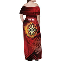 Personalised Darts New Zealand Family Matching Off Shoulder Maxi Dress and Hawaiian Shirt Silver Fern Red Color LT22 - Polynesian Pride