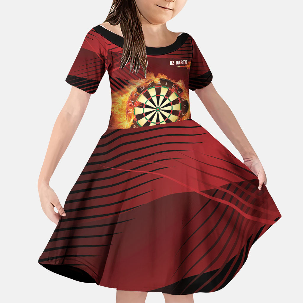 Personalised Darts New Zealand Family Matching Off Shoulder Short Dress and Hawaiian Shirt Silver Fern Red Color LT22 Daughter's Dress Red - Polynesian Pride