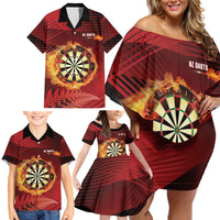 Personalised Darts New Zealand Family Matching Off Shoulder Short Dress and Hawaiian Shirt Silver Fern Red Color LT22 - Polynesian Pride