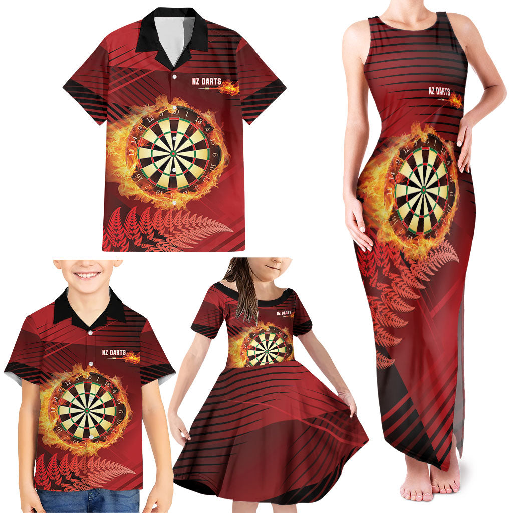 Personalised Darts New Zealand Family Matching Tank Maxi Dress and Hawaiian Shirt Silver Fern Red Color