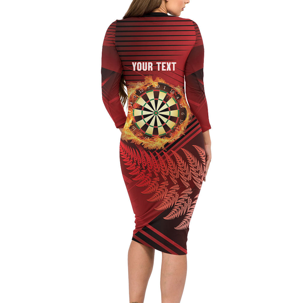 Personalised Darts New Zealand Long Sleeve Bodycon Dress Silver Fern Red Color LT22 - Polynesian Pride