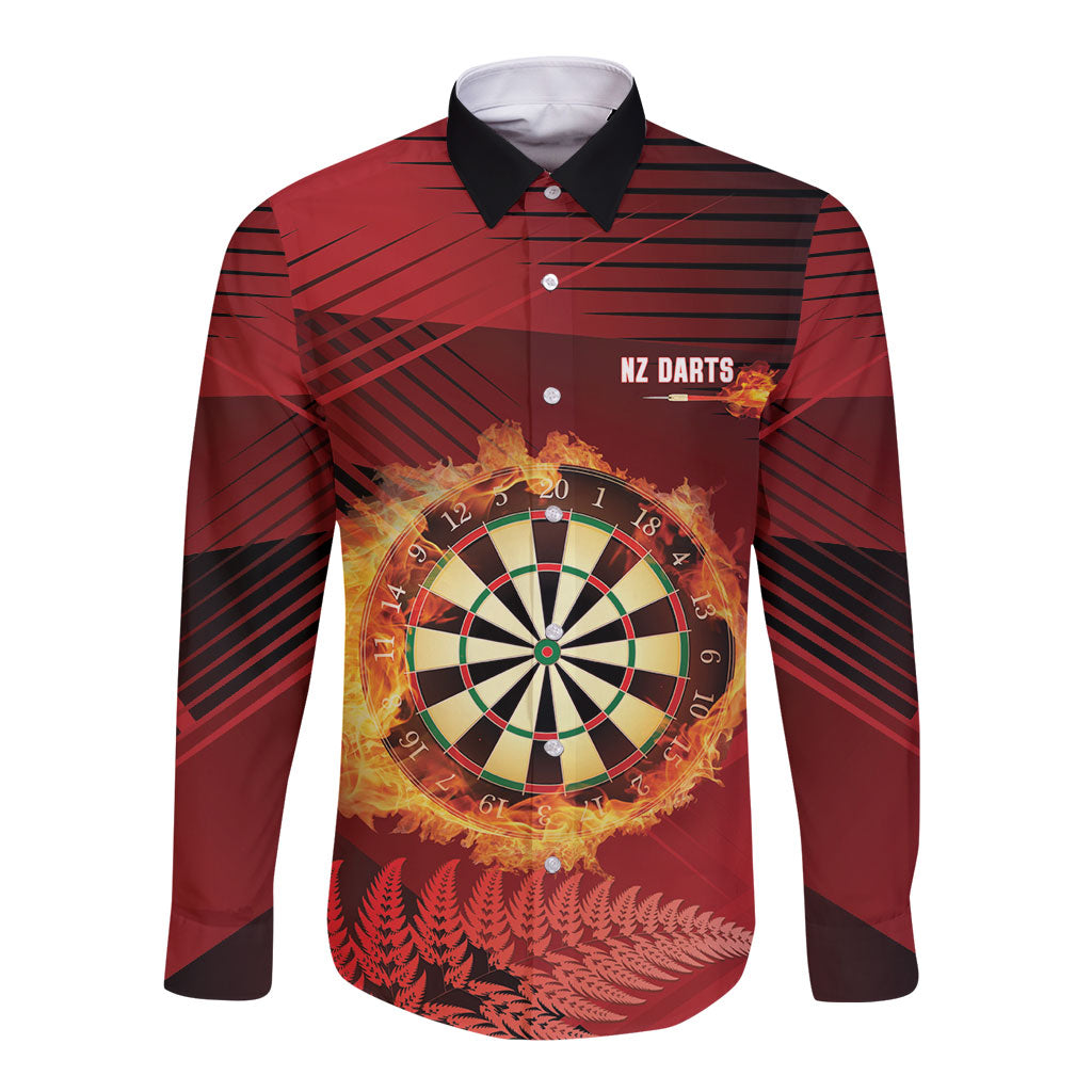 Personalised Darts New Zealand Long Sleeve Button Shirt Silver Fern Red Color