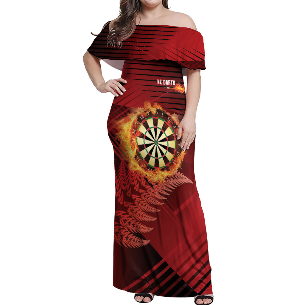 Personalised Darts New Zealand Off Shoulder Maxi Dress Silver Fern Red Color LT22 Women Red - Polynesian Pride