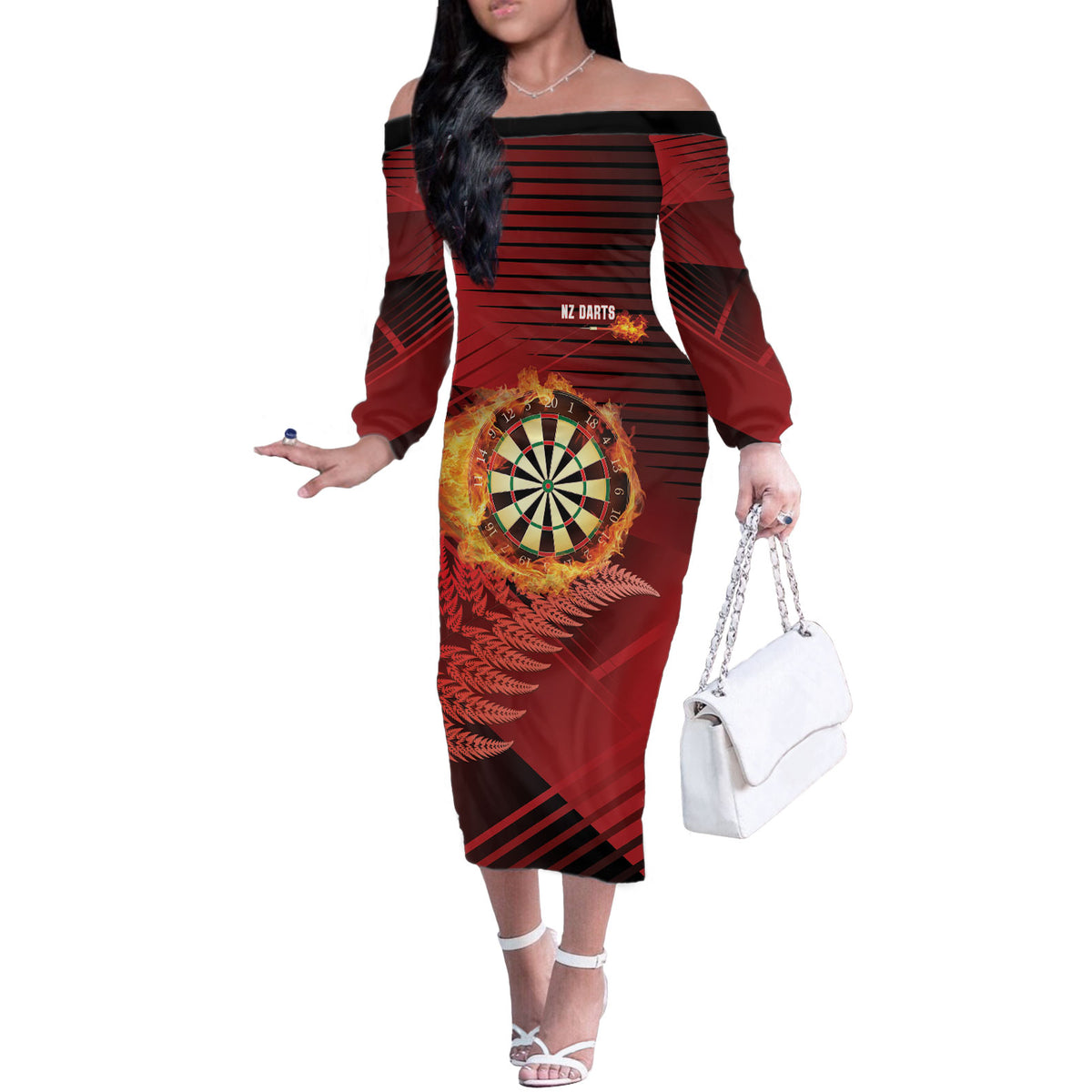 Personalised Darts New Zealand Off The Shoulder Long Sleeve Dress Silver Fern Red Color LT22 Women Red - Polynesian Pride
