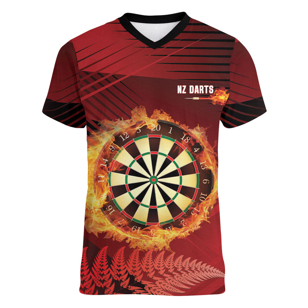 Personalised Darts New Zealand Women V-Neck T-Shirt Silver Fern Red Color