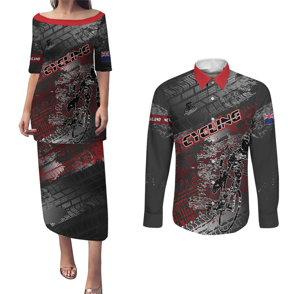 Personalised Cycling New Zealand Couples Matching Puletasi and Long Sleeve Button Shirt Aotearoa Pride Sportswear LT22 Red - Polynesian Pride