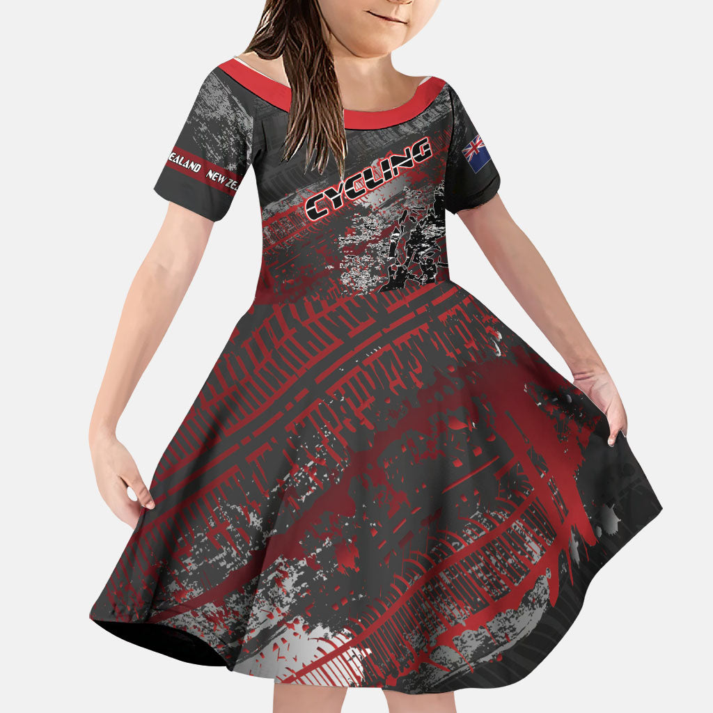 Personalised Cycling New Zealand Family Matching Puletasi and Hawaiian Shirt Aotearoa Pride Sportswear LT22 Daughter's Dress Red - Polynesian Pride