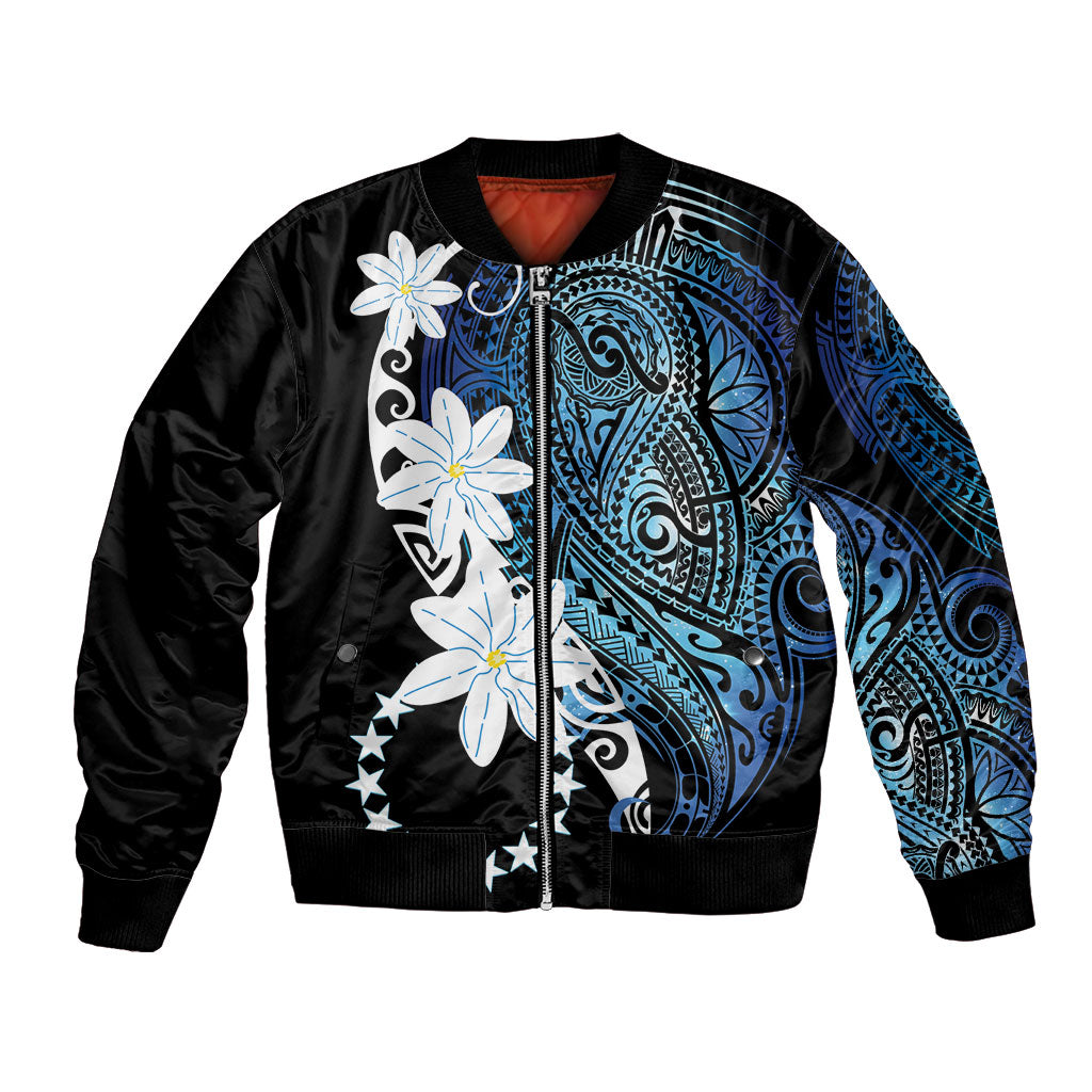 Cook Islands Maori Language Week Bomber Jacket Tiare Maori Kuki Airani Blue Pattern