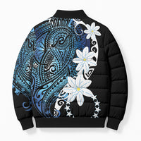 Cook Islands Maori Language Week Bomber Puffer Jacket Tiare Maori Kuki Airani Blue Pattern