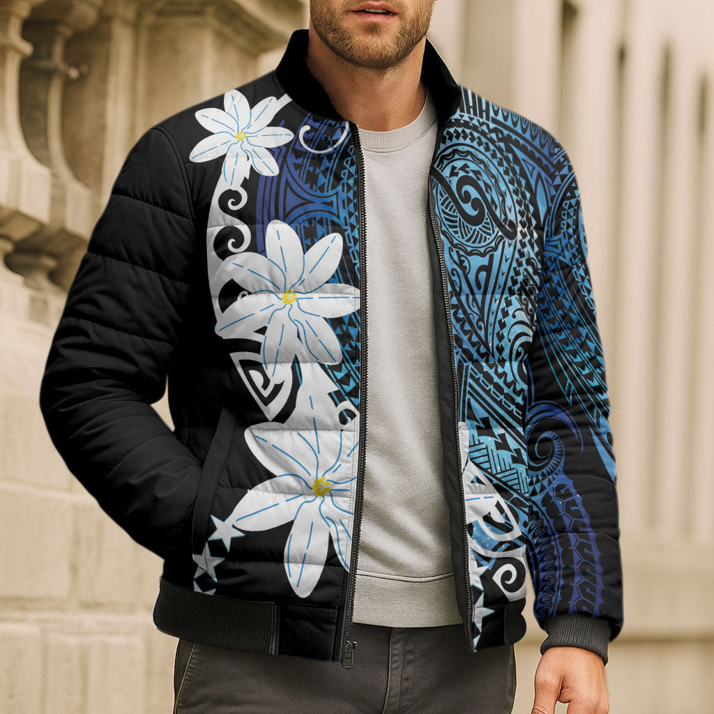Cook Islands Maori Language Week Bomber Puffer Jacket Tiare Maori Kuki Airani Blue Pattern