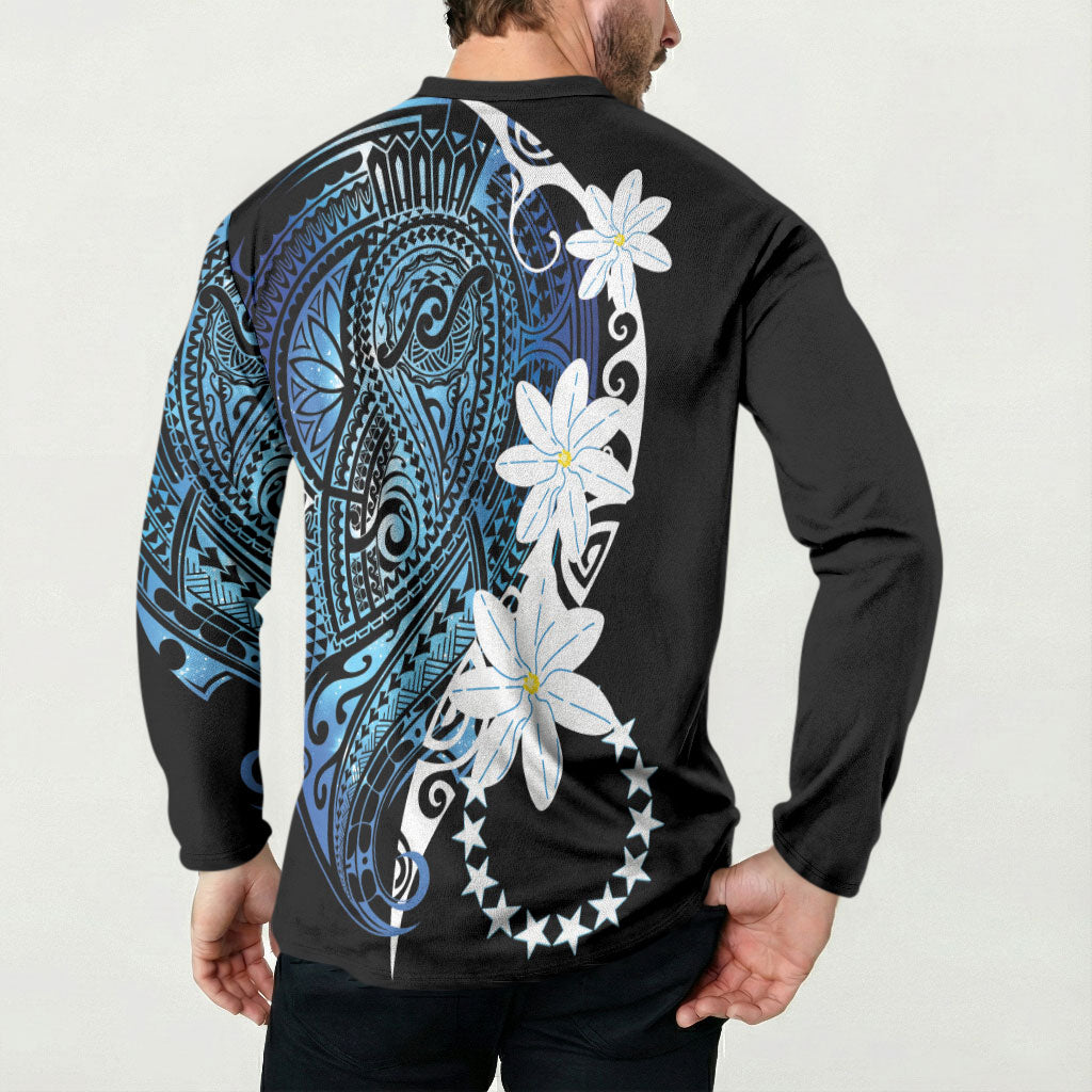 Cook Islands Maori Language Week Button Sweatshirt Tiare Maori Kuki Airani Blue Pattern